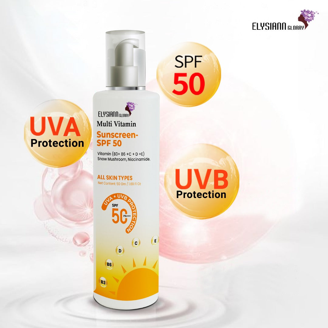 Multi Vitamin Sunscreen (SPF-50+UVA+UVB)  Enriched with vitamin (B3+B6+C+D+E ) Snow Mushroom, Niacinamide.