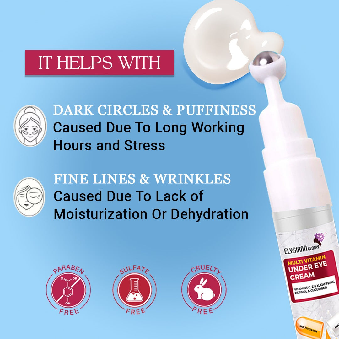 Multi Vitamin Under Eye Cream Enriched with Vitamins C, E & K, Caffeine, Retinol, Cucumber.