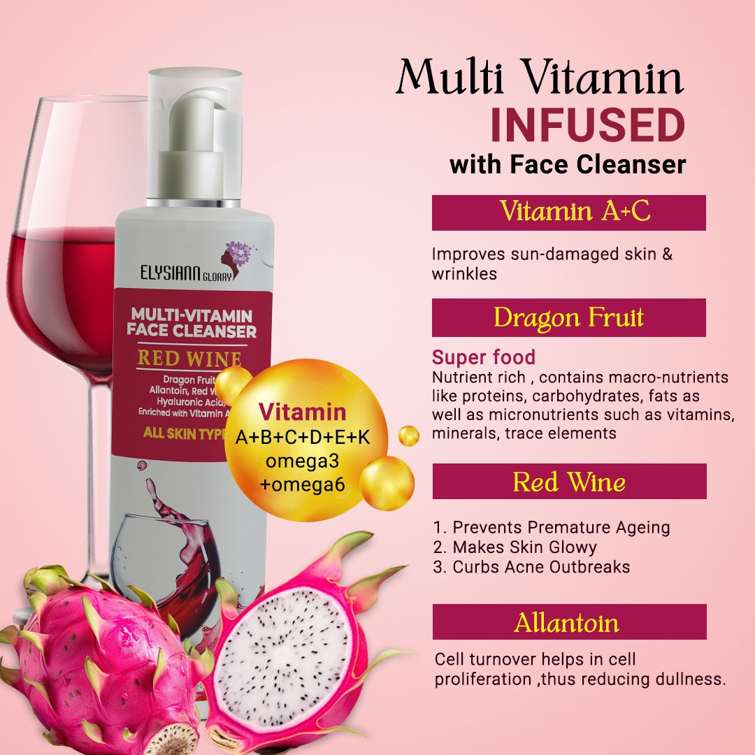 Multi Vitamin Face Cleanser Dragon Fruit, Allantoin, Red Wine, Hyaluronic Acid, Enriched with Vitamin A+C.