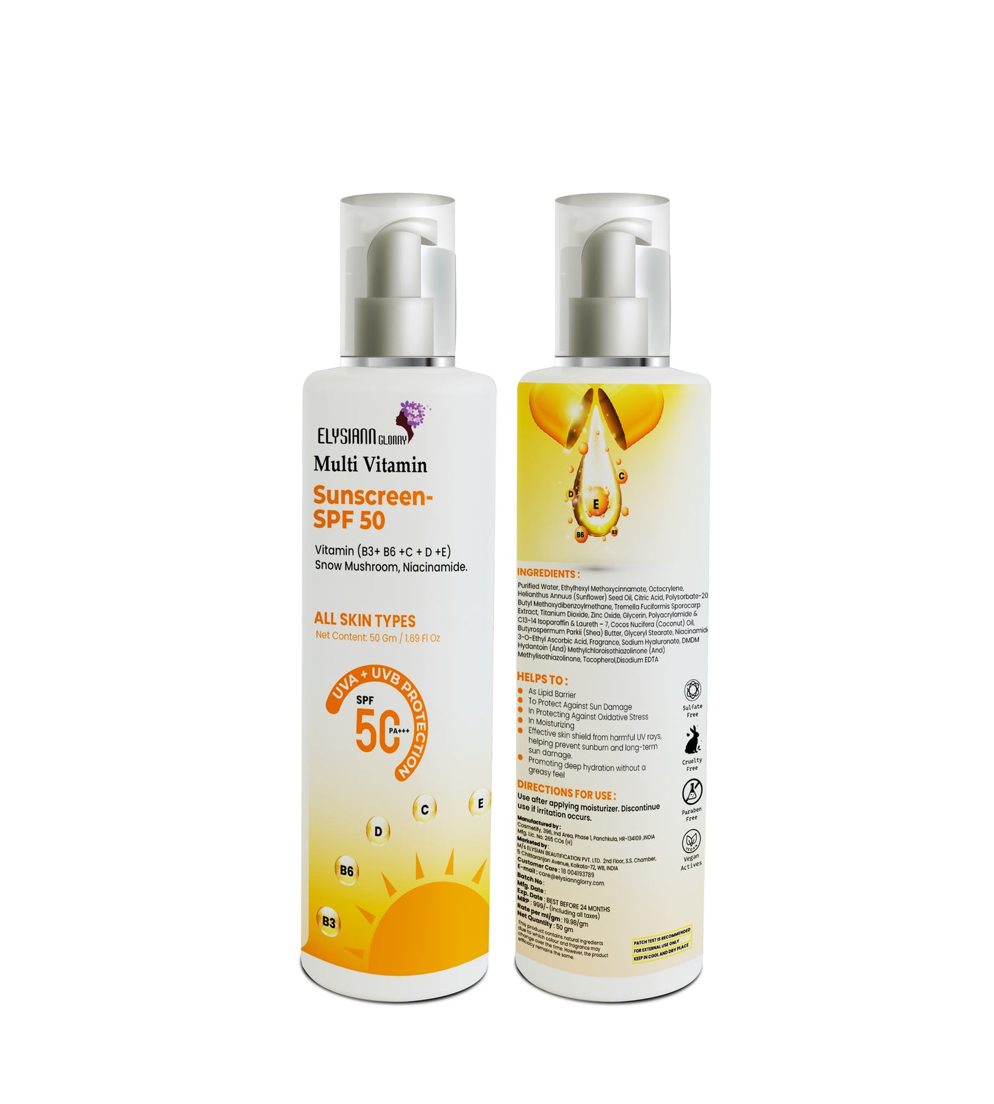 Multi Vitamin Sunscreen (SPF-50+UVA+UVB)  Enriched with vitamin (B3+B6+C+D+E ) Snow Mushroom, Niacinamide.