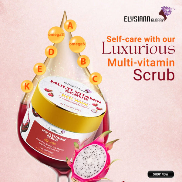 Multi Vitamin Scrub Dragon Fruit, Allantoin, Red Wine, Hyaluronic Acid, Enriched with Vitamin A+C.