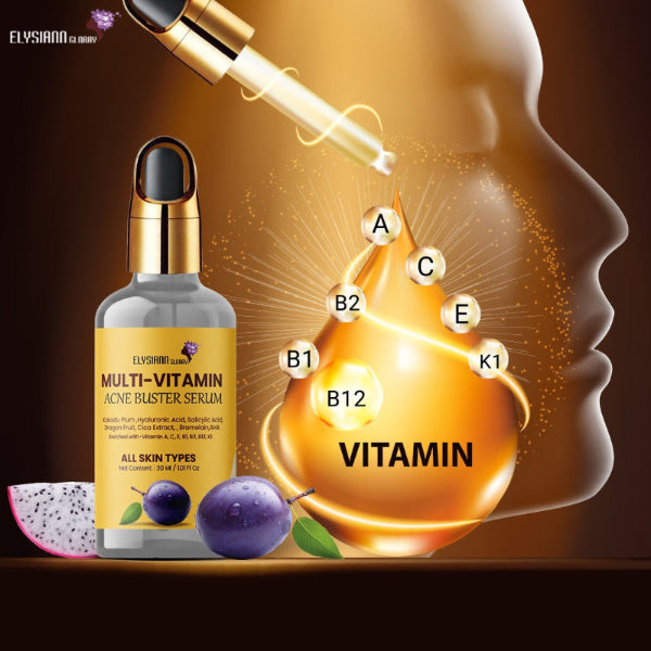 Multi Vitamin Acne Buster Serum Kakadu Plum,Hyaluronic Acid, Salicylic Acid, Dragon Fruit, Cica Extract, Enriched with-Vitamin A, C, E, B1, B2, B12, K1 Bromelain, AHA.