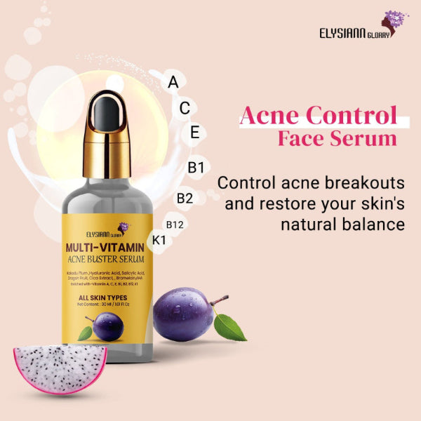 Multi Vitamin Acne Buster Serum Kakadu Plum,Hyaluronic Acid, Salicylic Acid, Dragon Fruit, Cica Extract, Enriched with-Vitamin A, C, E, B1, B2, B12, K1 Bromelain, AHA.